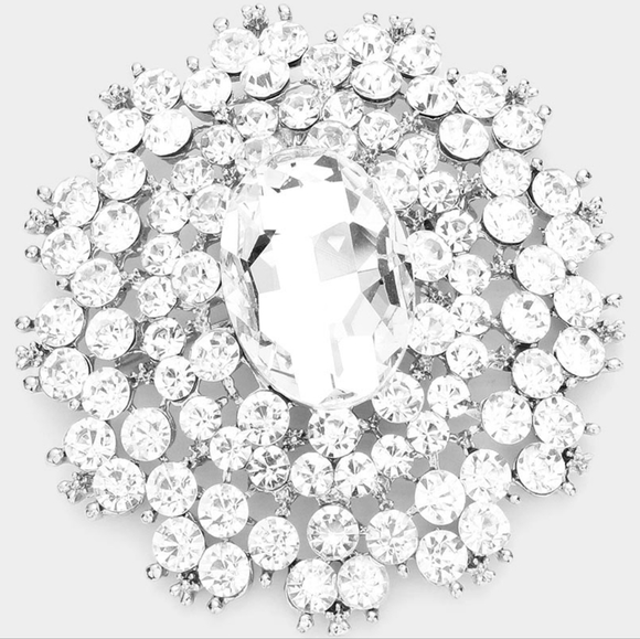 Silver Oval Brooch Crystal Pin Stone Circle Style Rhinestones Bling Accessory - Picture 3 of 3